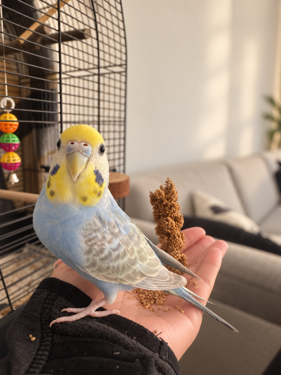 Charles standing on a hand beside a piece of millet.