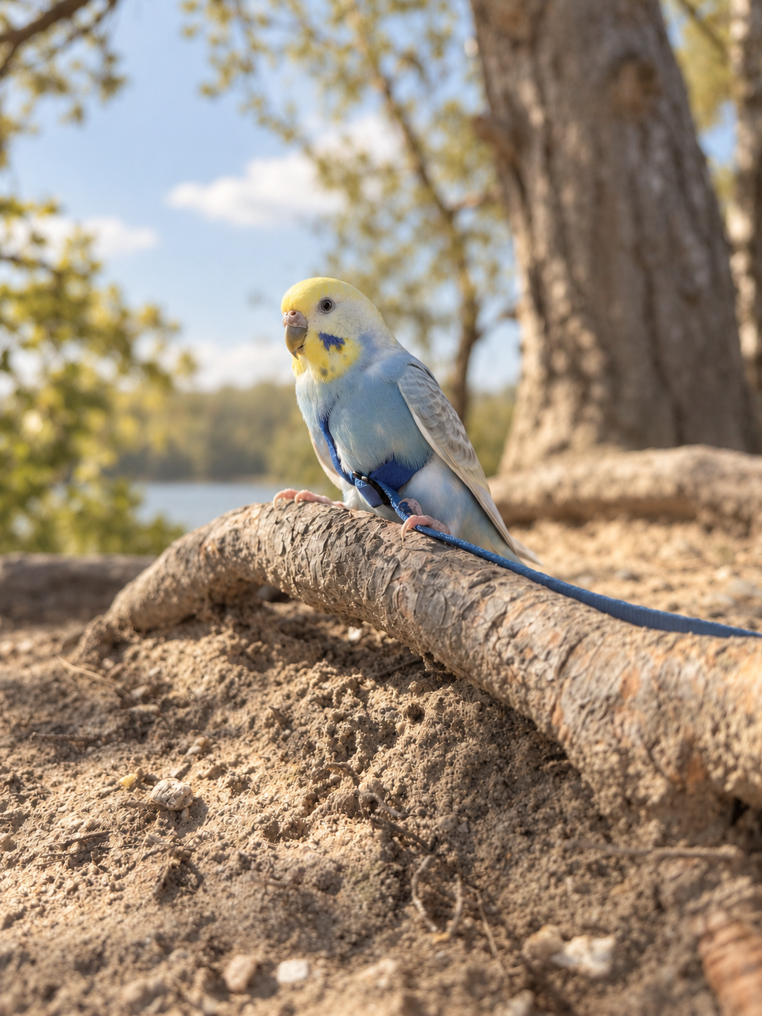 A blue and yellow budgie in a harness sitting on a tree root beside a sunlit lake