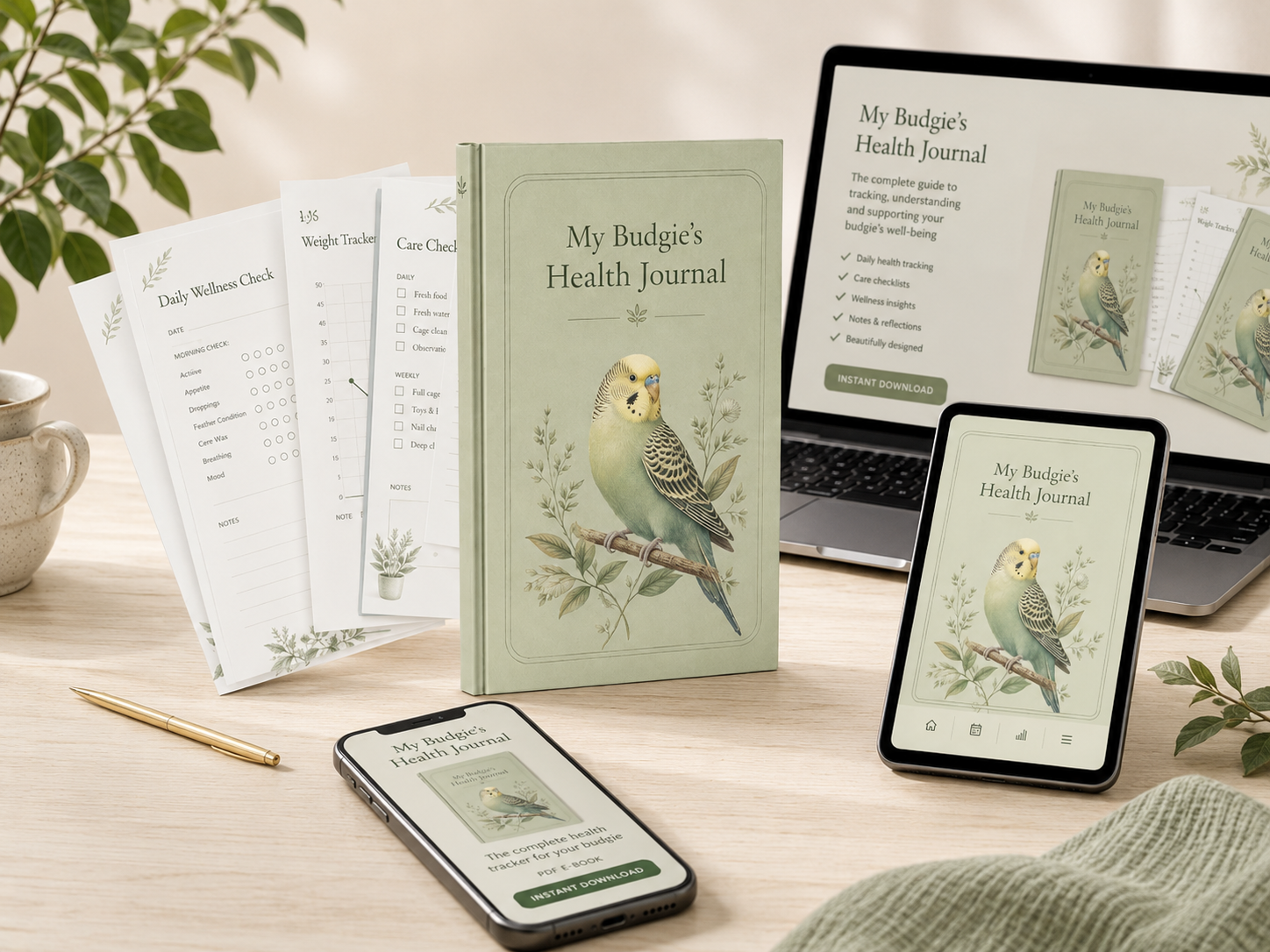 My Budgie's Health Journal shown as a printed journal with inside pages, plus the PDF open on a laptop, tablet and phone